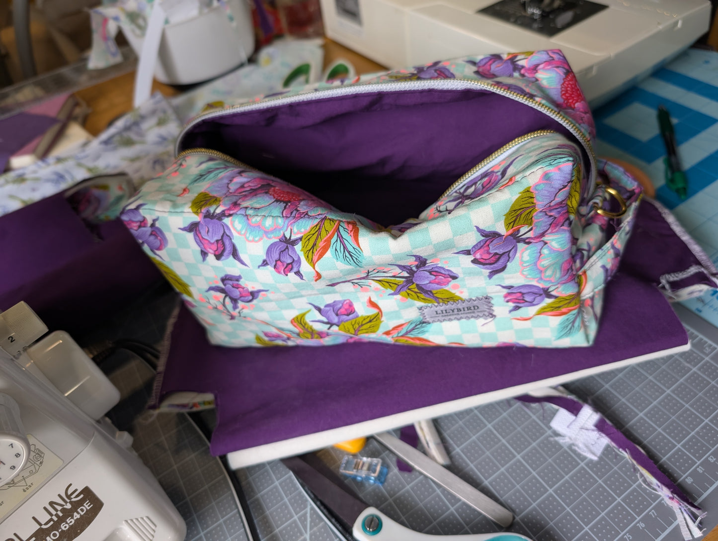 Anything Bag - Peony on Aqua checkered background