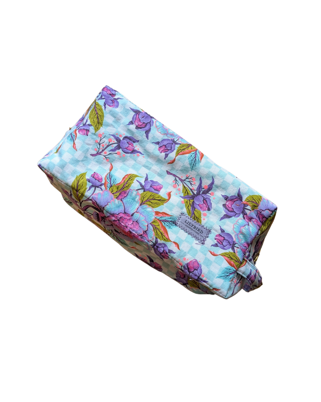 Anything Bag - Peony on Aqua checkered background