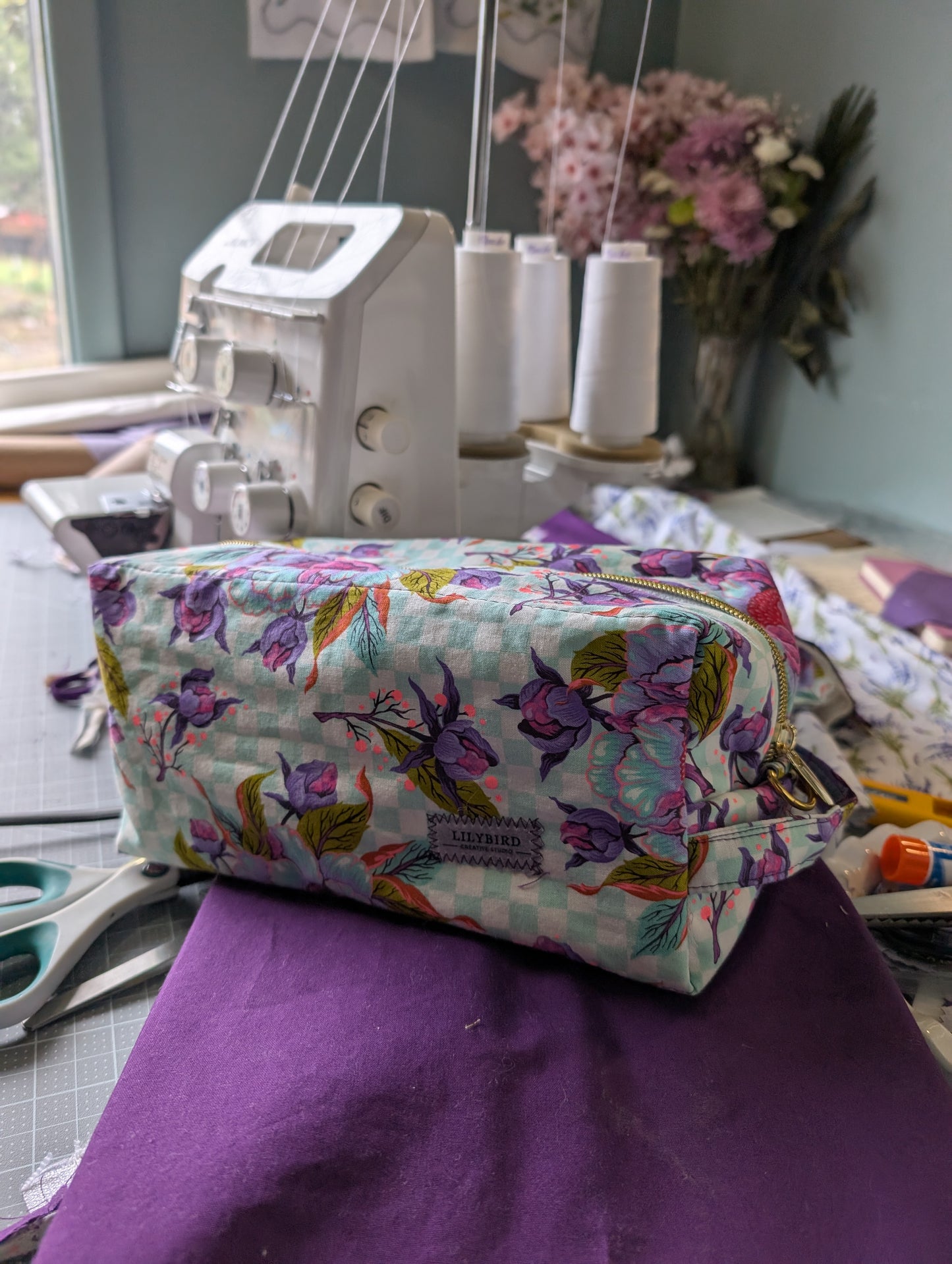 Anything Bag - Peony on Aqua checkered background