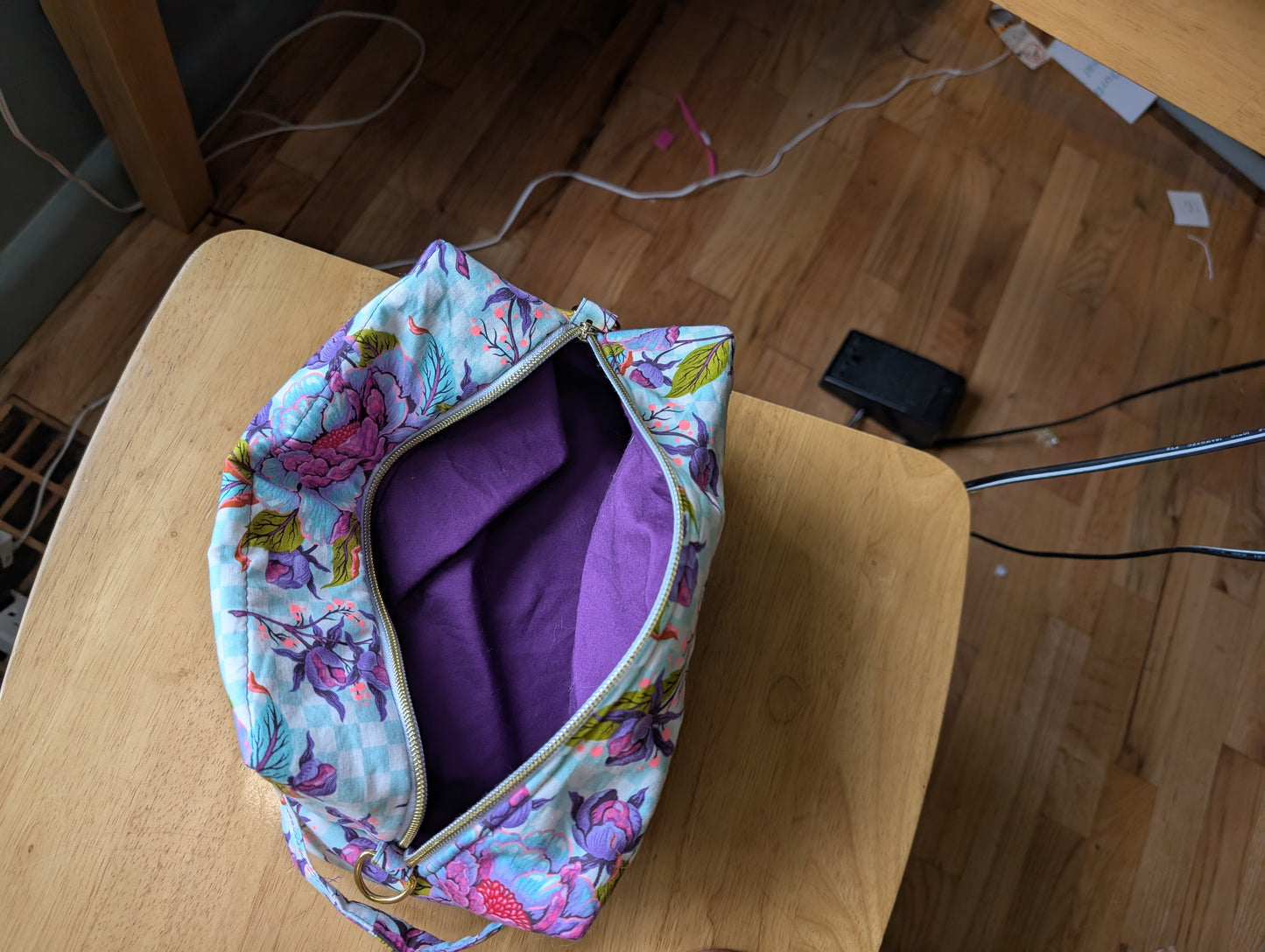 Anything Bag - Peony on Aqua checkered background
