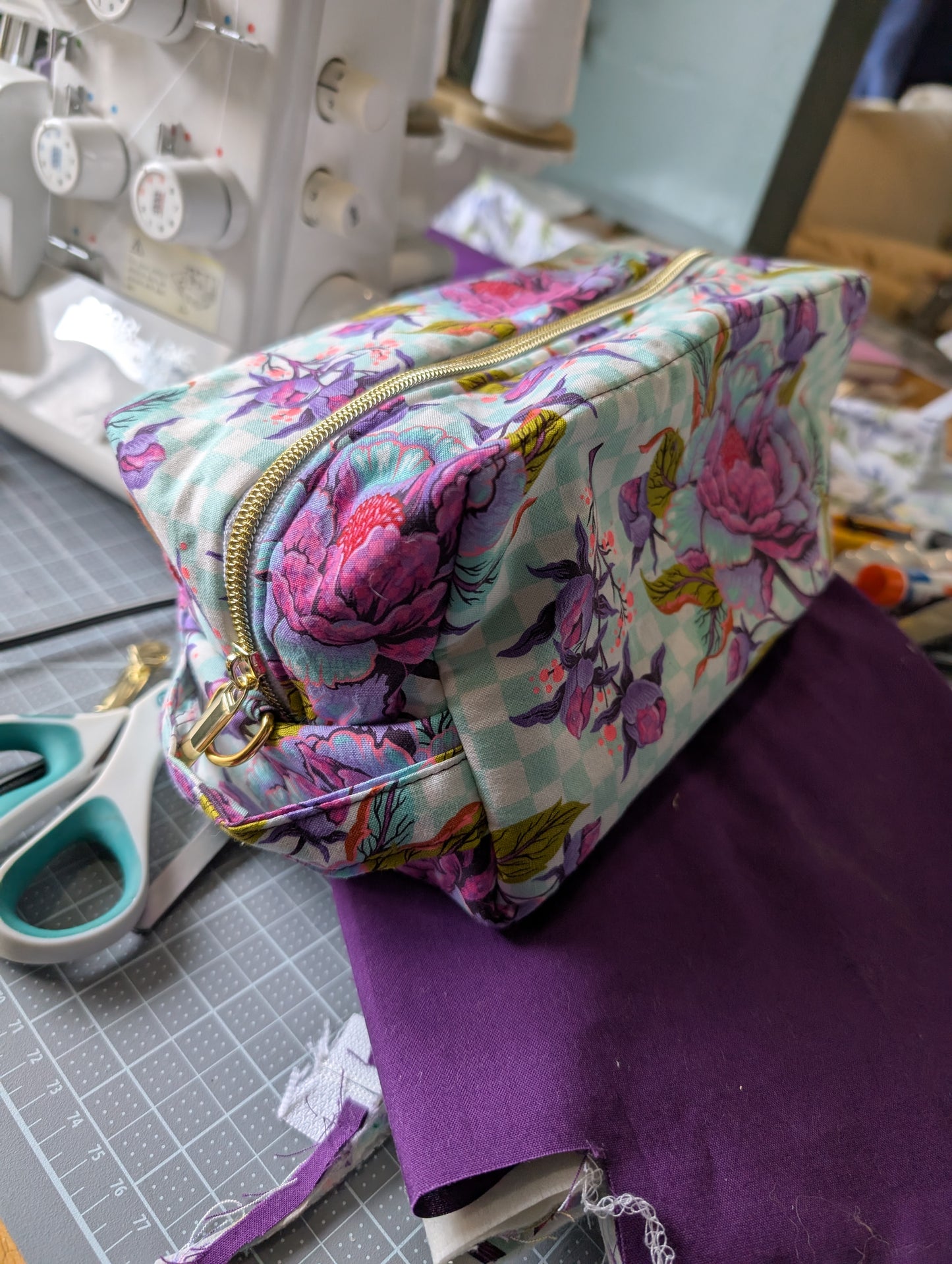 Anything Bag - Peony on Aqua checkered background