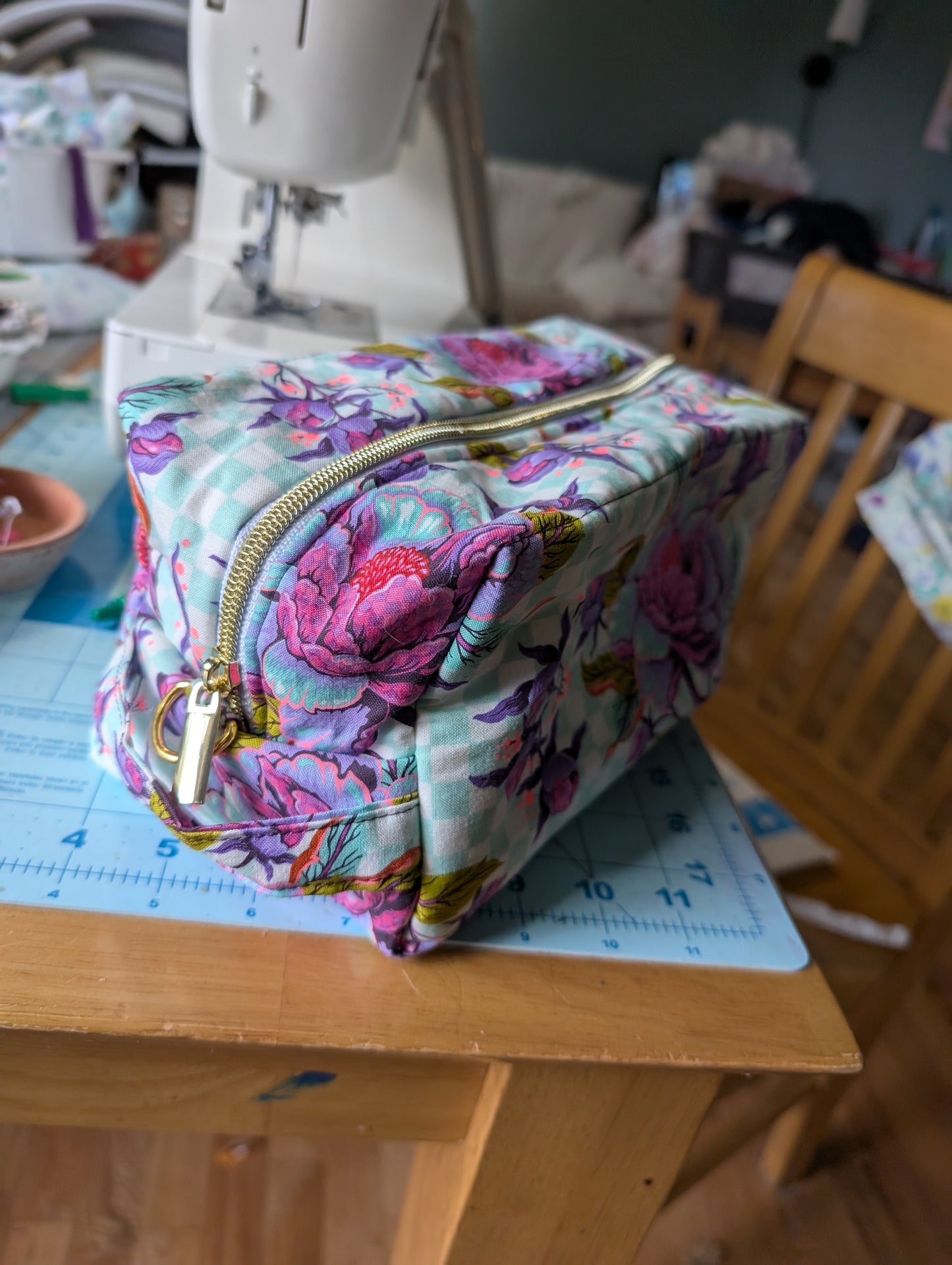 Anything Bag - Peony on Aqua checkered background