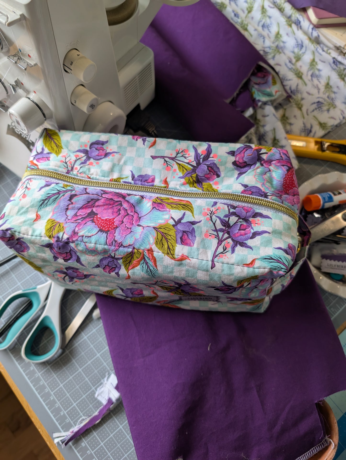 Anything Bag - Peony on Aqua checkered background